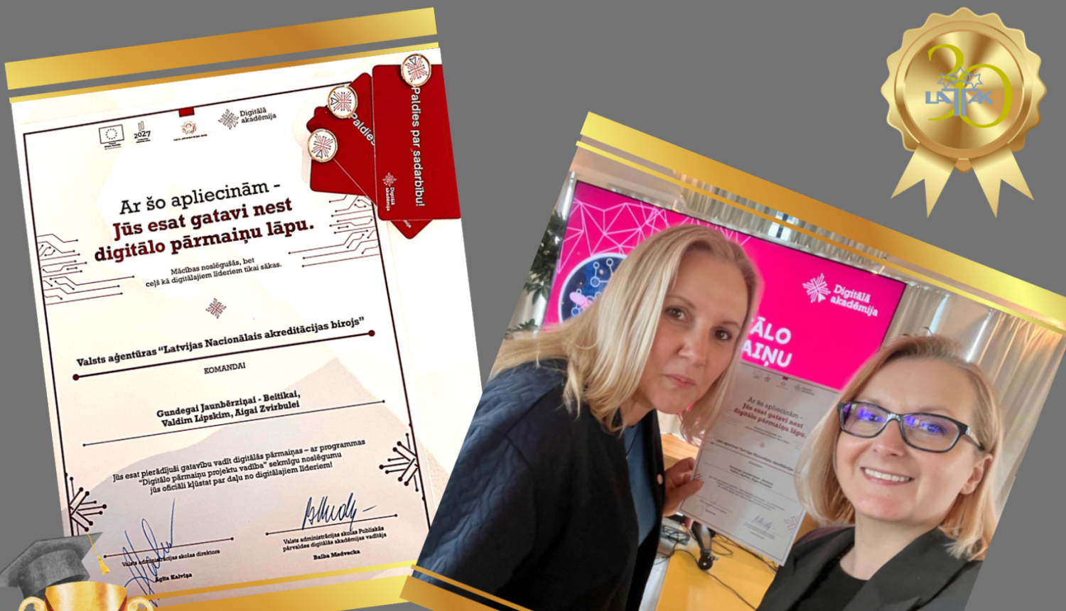 Apliecinājums un divas sievietes - LATAK direktore un VAS vadītāja.