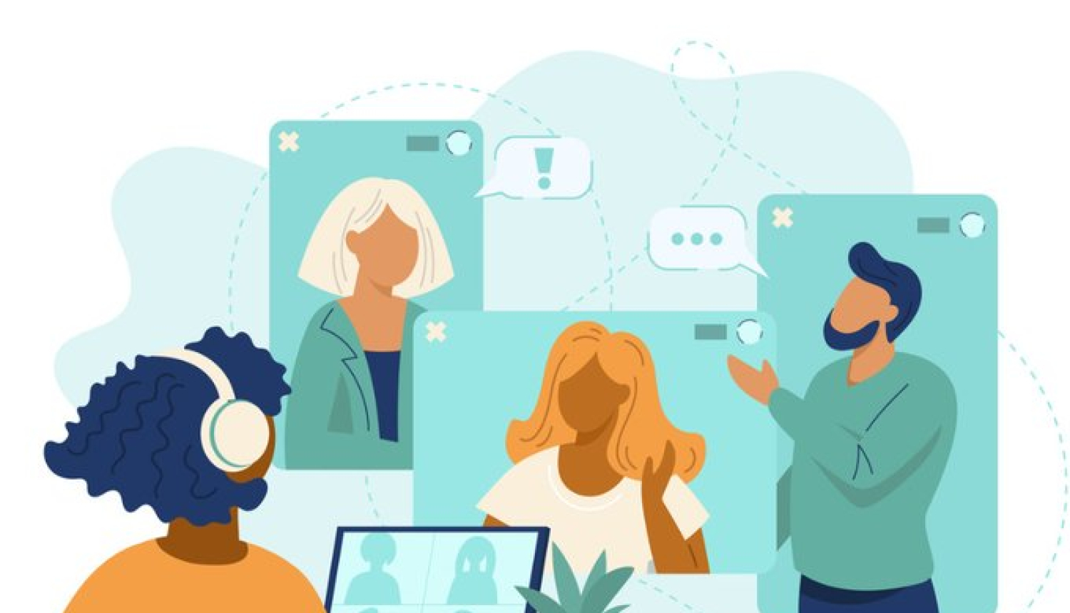 četri cilvēki, viens pie datora ar austiņām, trīs pārējie dažādās pozās. Trīs sievietes, viens vīrietis. Zīmējums.