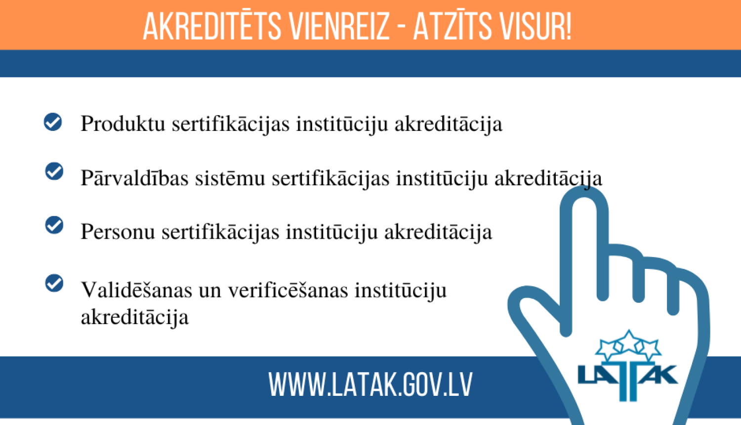 Teksts par pilntiesīga biedra statusu, roka ar rādītājpirkstu uz tekstu un LATAK logo