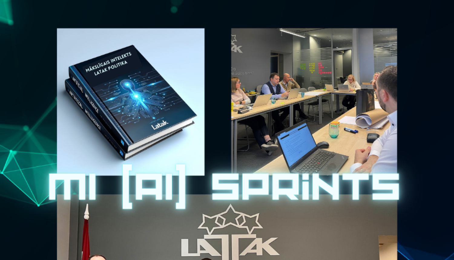 Divi foto ar dažādiem cilvēkiem, kas atrodas telpās un mācās, kā arī vienā foto redzama grāmata ar futūristisku dizainu ar melnu fonu un spilgti izgaismotām zilām līnijām