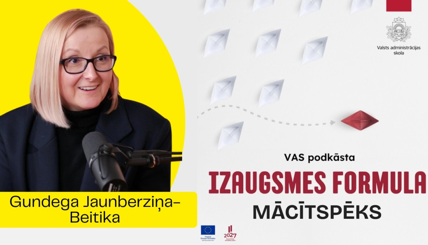 Kreisajā attēla pusē ir LATAK direktores foto, momentuzņēmums no intervijas (skaista sieviete, blondi mati, smaida), labajā pusē VAS logo un intervijas nosaukums