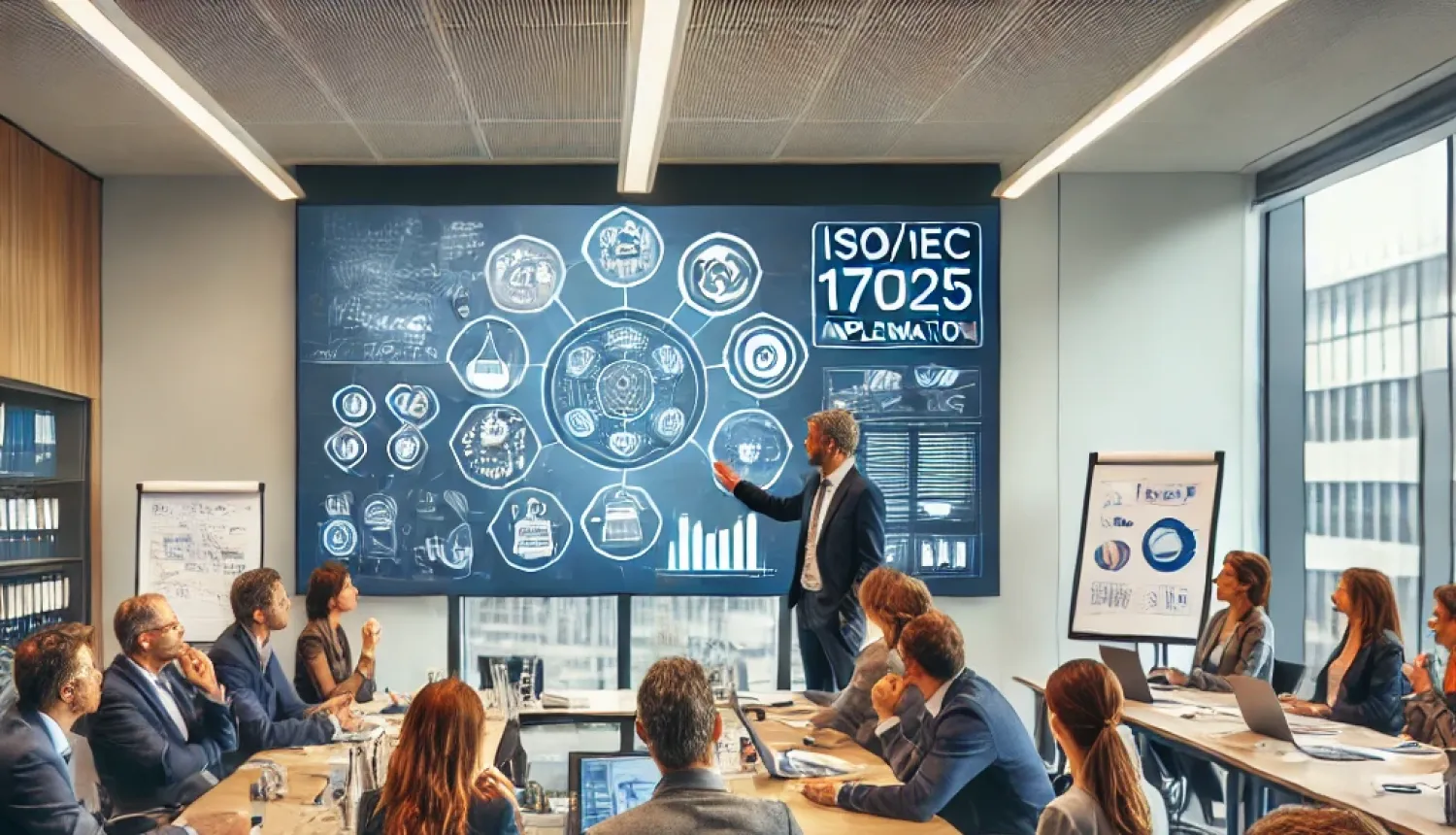 cilvēki semināru zālē, fonā lektors, vīrietis, pie zila ekrāna, tunājot par attēloto kompozīciju ekrānā