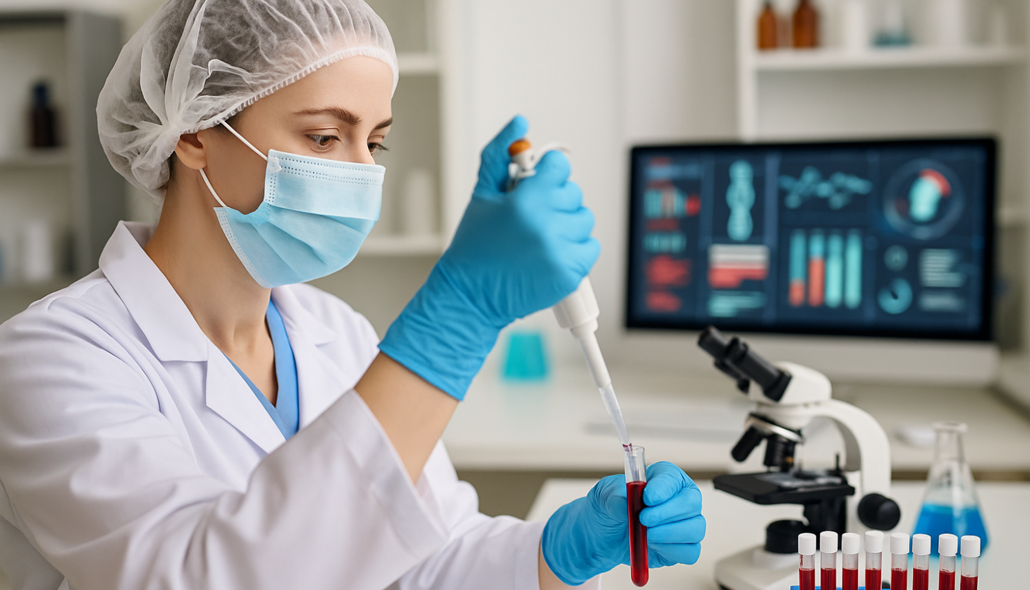 Sieviete ar medicīnisko sejas masku, zilos medicīniskos cimdos, laboratorijas telpās veic labroatorisko izmeklējumus