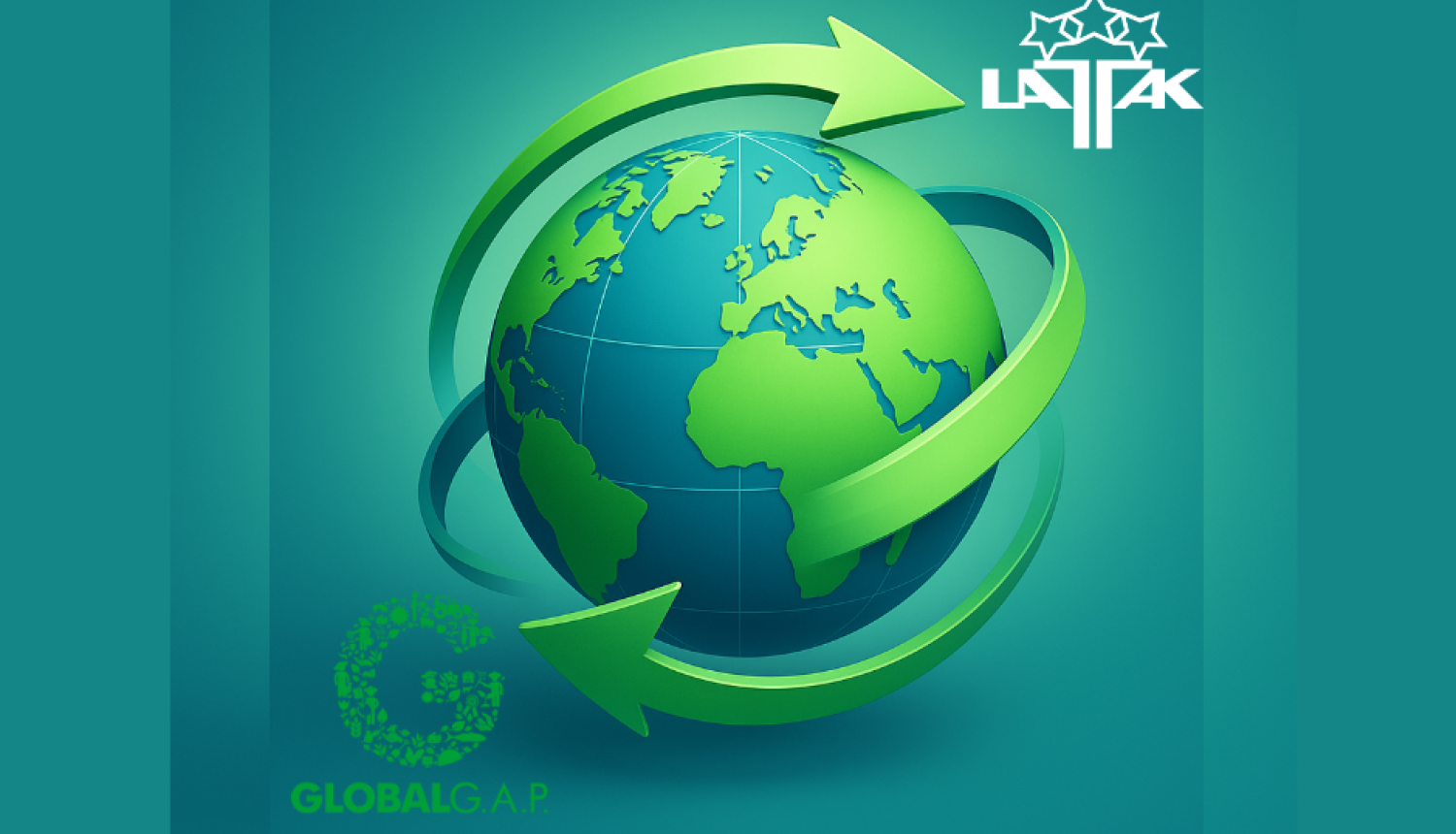 zemeslode, zaļas bultas tai apkārt, LATAK un GlobalGAP logotipi