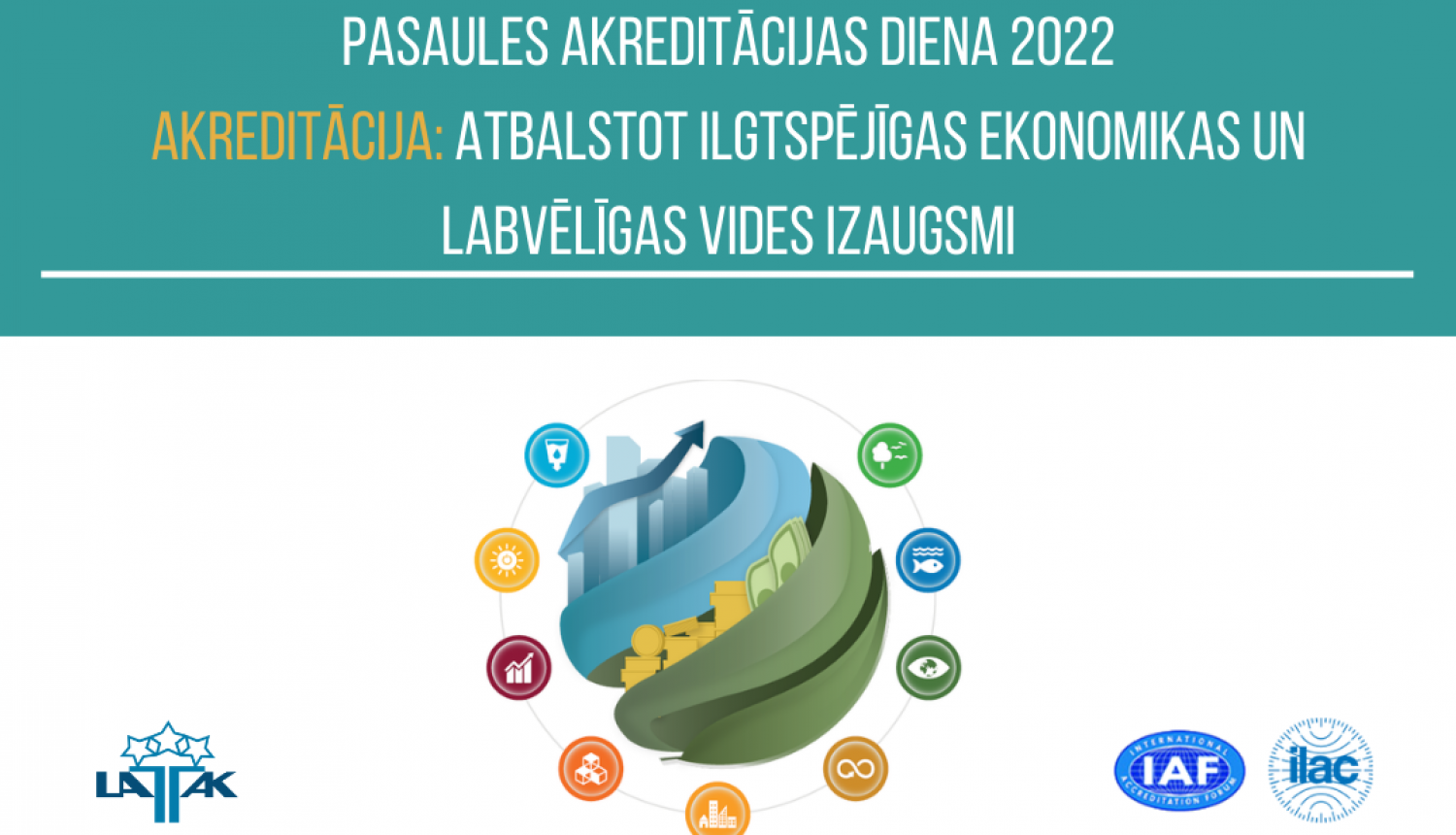 Pasaules akreditācijas dienas 2022.gada simbols - zemeslode ar dažādām jomām. LATAK un ILAC, IAF logo