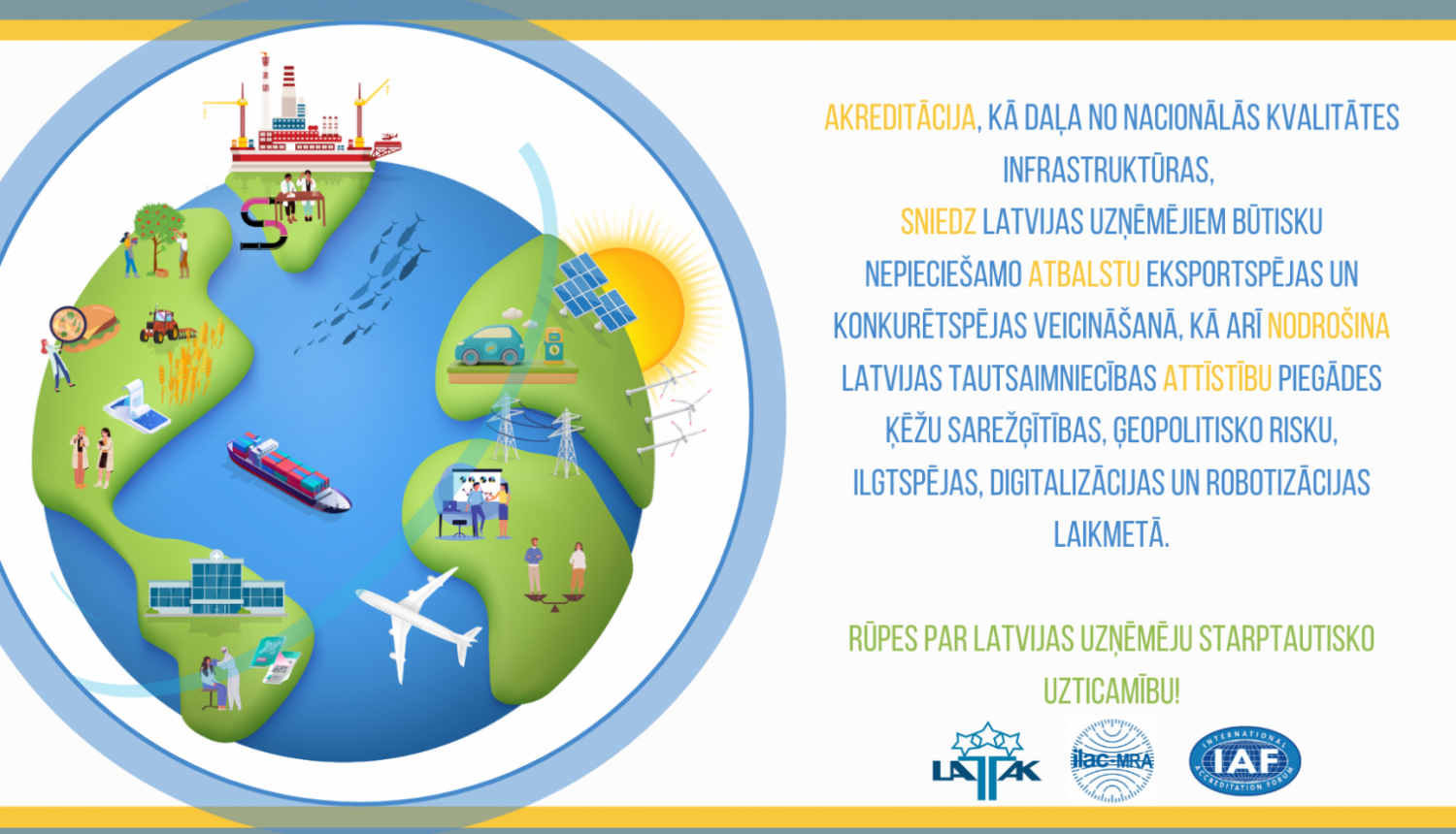 Zemeslode ar dažādiem elementiem - lidmašīna, kuģis, cilvēki, saullēkts, un teksts par Pasaules akreditācijas dienu