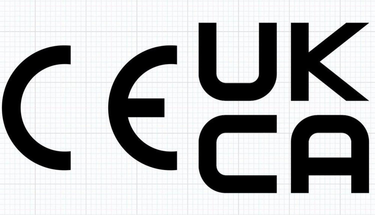 CE un UKCA marķējumi melni burti CE un UKCA